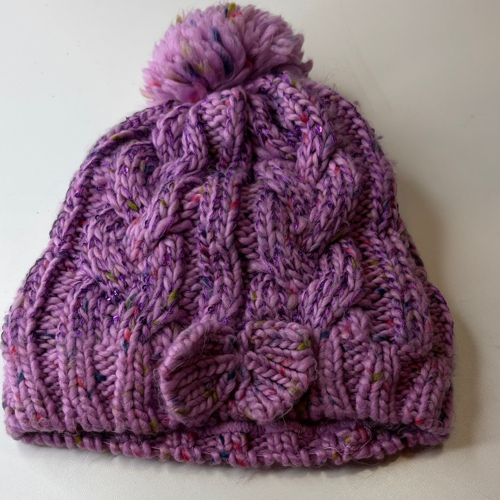 Wonder Nation Purple Knit Hat Fleece Kids Beanie with Bow & Pompom